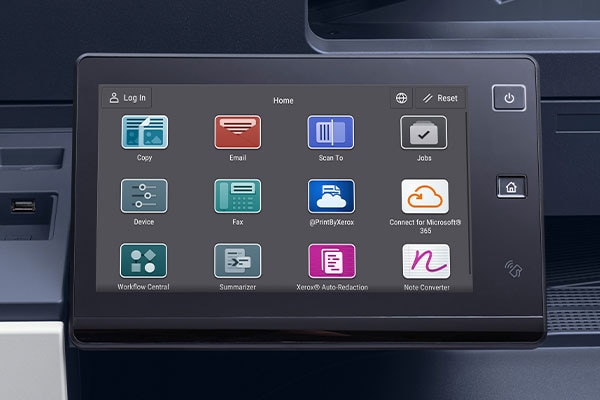 Panel táctil de un multifunción Xerox con aplicaciones de escaneo y flujo de trabajo